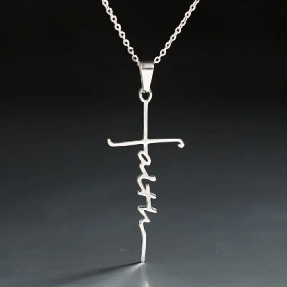 SILVER STAINLESS STEEL FAITH CROSS INSPIRATIONAL NECKLACE